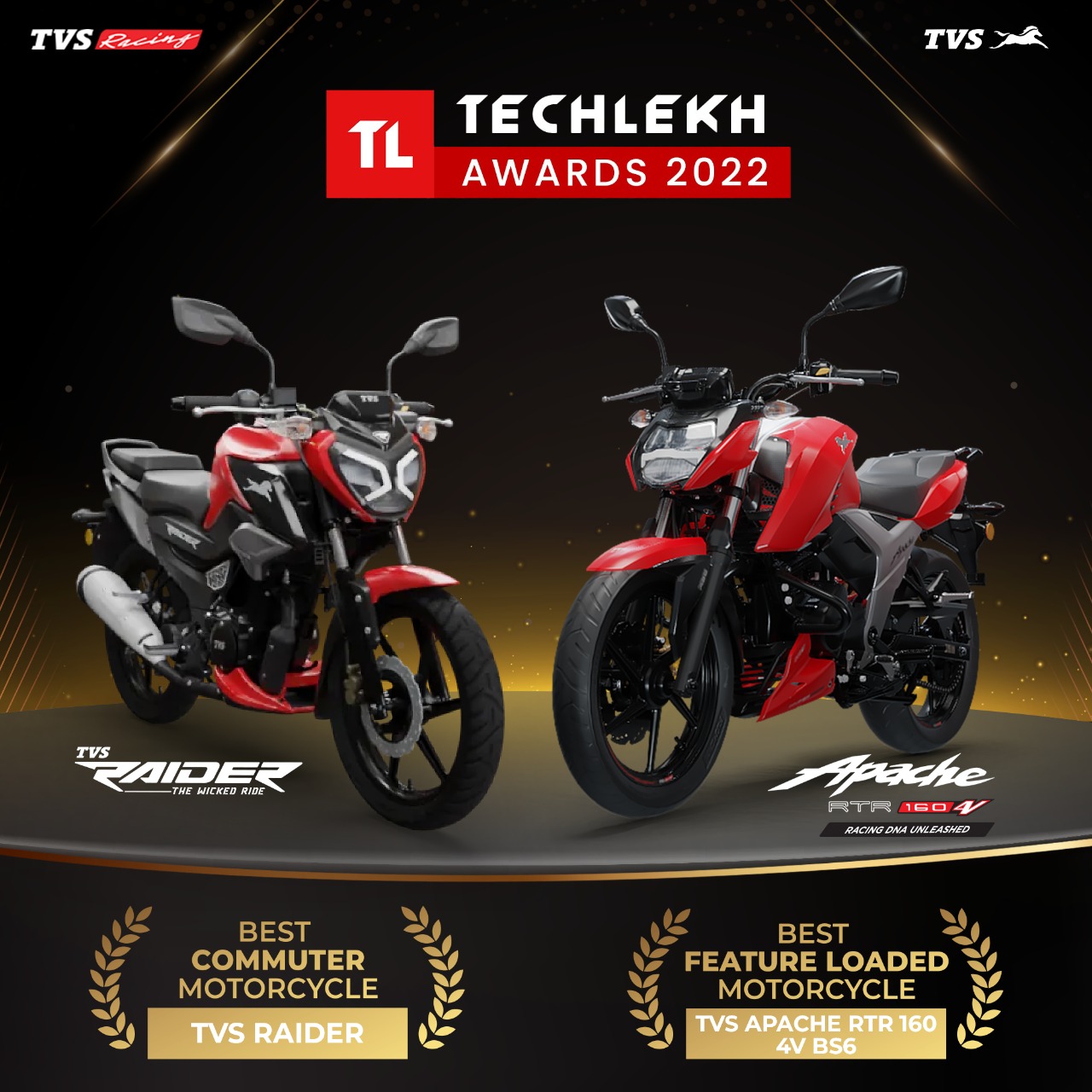 TechLekh Awards 2022 (Winners TVS Ntorq Race XP, TVS Raider and Apache 160 4V)